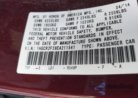 2014 Honda Accord Lx z USA, uszkodzony, nr VIN 1HGCR2F39EA211541